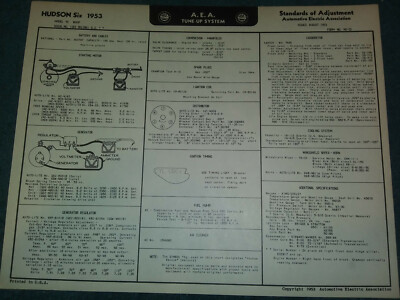 1953 HUDSON 6CYL TUNE-UP & WIRING DIAGRAM CHART / WASP MODELS / MODEL 4C