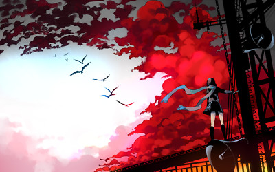 Anime clouds windy birds scarf girls megaphones Playmat Gaming Mat