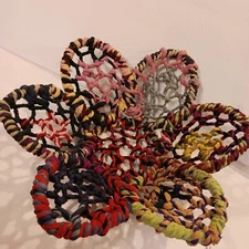 Vintage Iron Wrapped In Multi-Colored Jute Yarn Basket Bowl