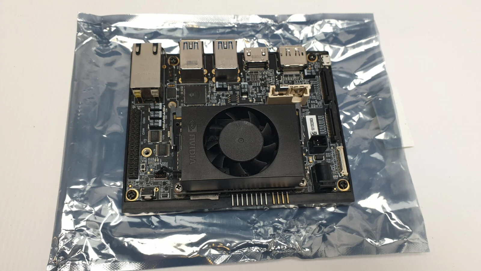 VVDN carrier board with Jetson Xavier NX fan heatsink on anti-static bag