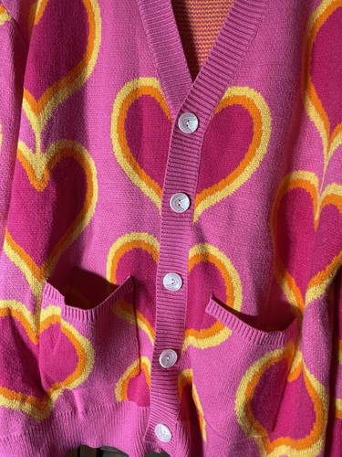 STEADY HANDS CHUNKY CARDIGAN SWEATER SOFT PETAL PINK HEARTS COTTAGE CORE M/L - Picture 3 of 8