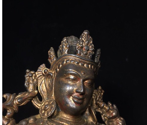 12" Antique India Bronze Bodhisattva Green Tara Kwan-yin blessed Buddha Statue - Picture 8 of 9