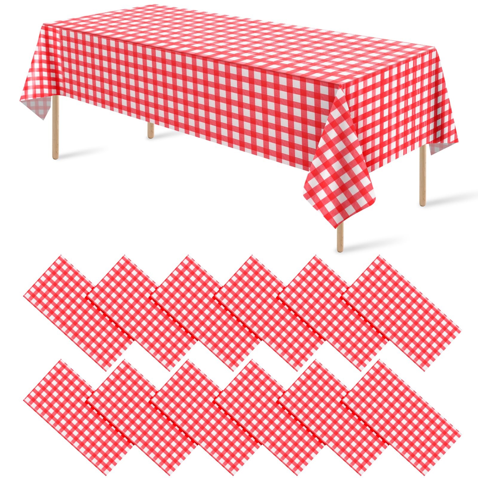 Red Gingham Tablecloth, 12 Pack Plastic Disposable Party Dec