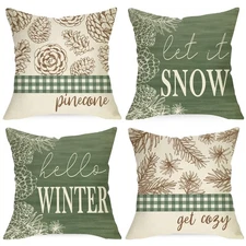 Hello Winter Pine Cone Decorative Throw Pillow Covers 20 x 20 Set of 4, Let I...