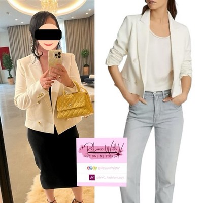 $400 REISS Aleida Crop Wool Blazer Jacket White Ivory Double Breasted | Gold | 8