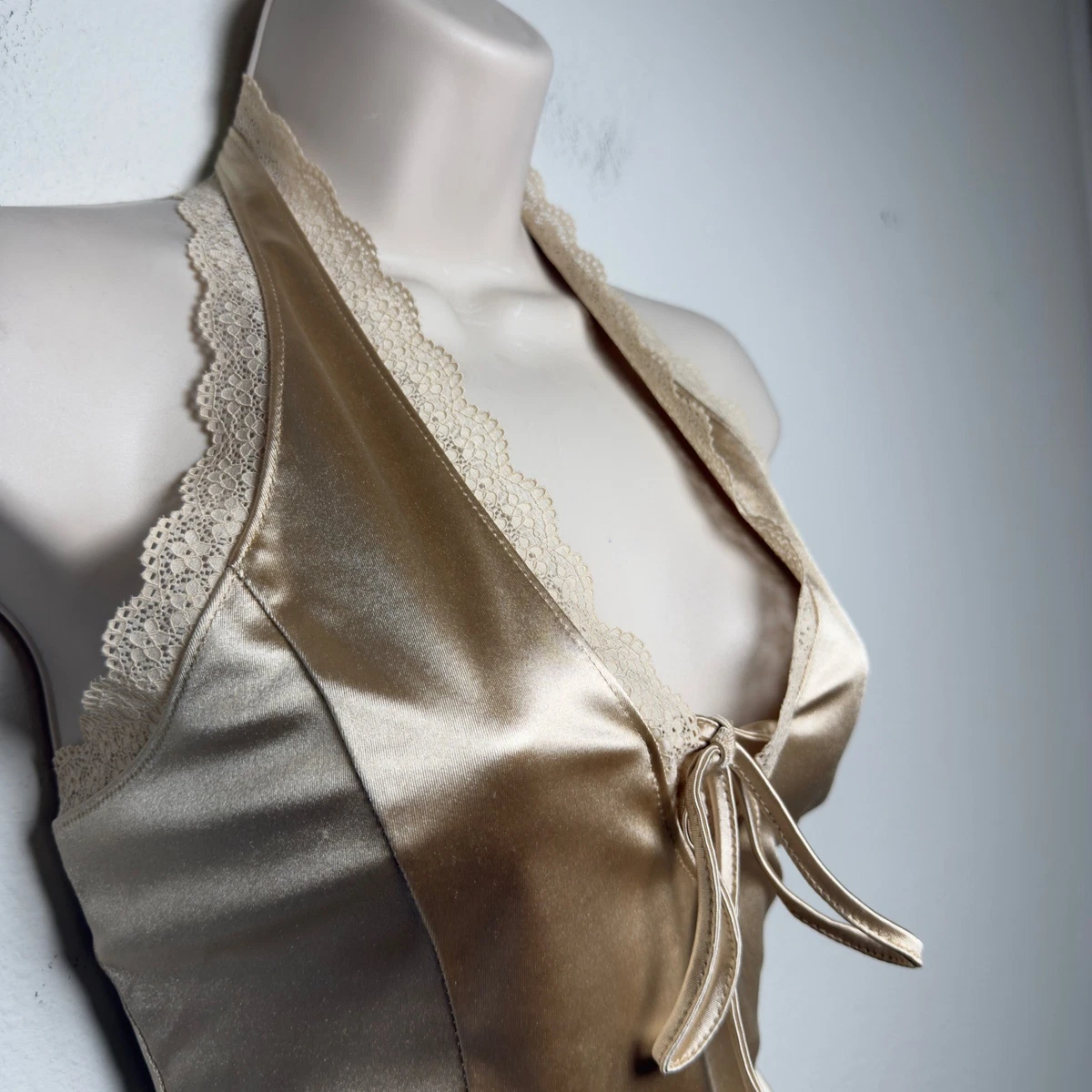 Thirty Thirty Women Y2K Halter Fairy Top Gold Satin Lace Trim Open Back Club