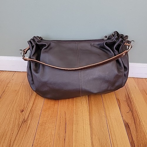 Lauren Ralph Lauren Shoulder Bag Brown Pebbled Leather Hobo Bag Embroidered Logo - Picture 3 of 7