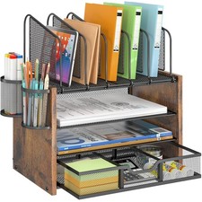 4-Tier Mesh Desk Organizer, Wooden Desk File Organizer with 5 Vertical File Hold