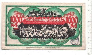 BIELEFELD 1000 Mark auf Leinen Druck grün mit Stempel (schwarz) der Sparkasse