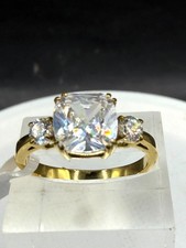 Ladies three stone ring gold cushion cut 18kt anniversary Past Present Future cz