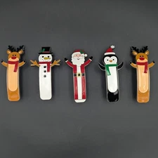 Stocking Holders (5): Santa Claus Penguin Snowman 2 Reindeer, Enamel & Metal EUC