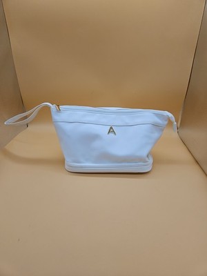 White Monogram Double Layer Makeup Bag Initial A Cosmetic Travel Case PU Leather