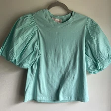 love the label blouse Turquoise Pink Puff Sleeves Round Neck Cotton 053