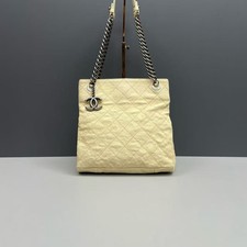Chanel White Caviar Leather Quilted Silver CC Chain Hardware Tote Auth