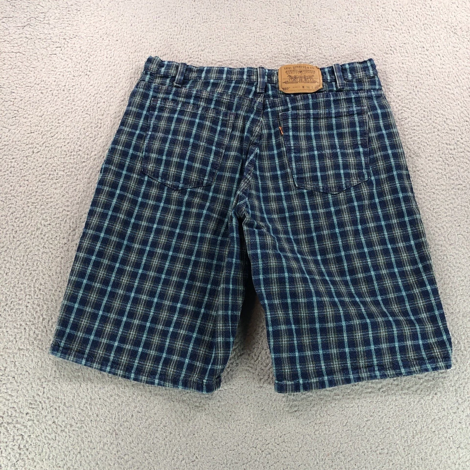 Pantalones Cortos Levis De Colección Hombres 36 Azul Cuadros Naranja Pestaña Sueltos Denim Pantalones Cortos Hechos en EE. UU. Años 90 Foto 2 de 4