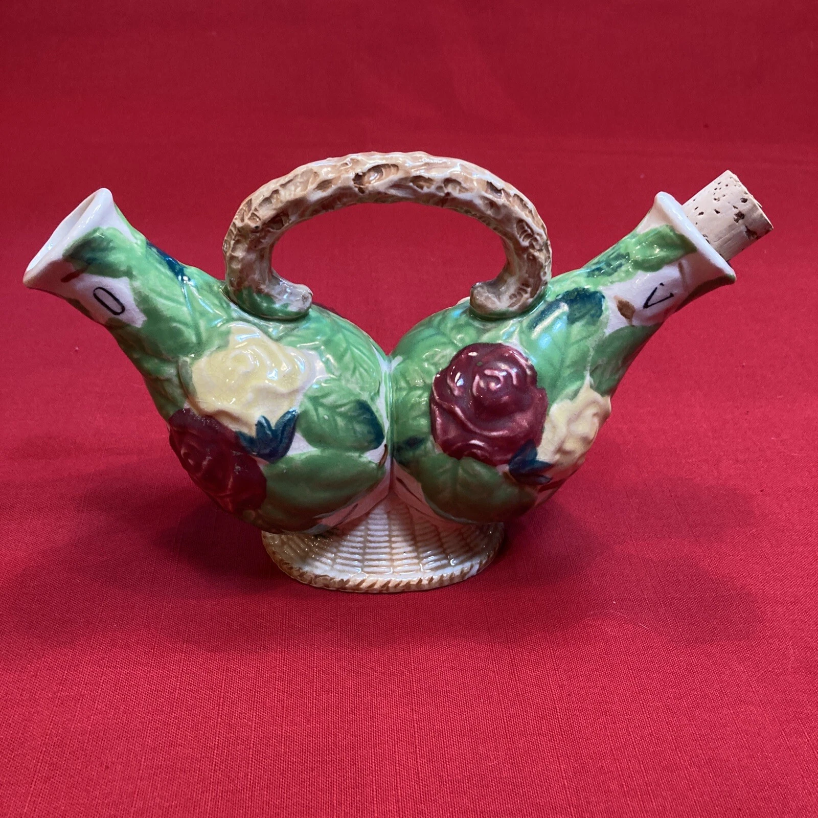 Vtg Hand Painted Pottery Olive Oil & Vinegar Double Necked Dispenser
