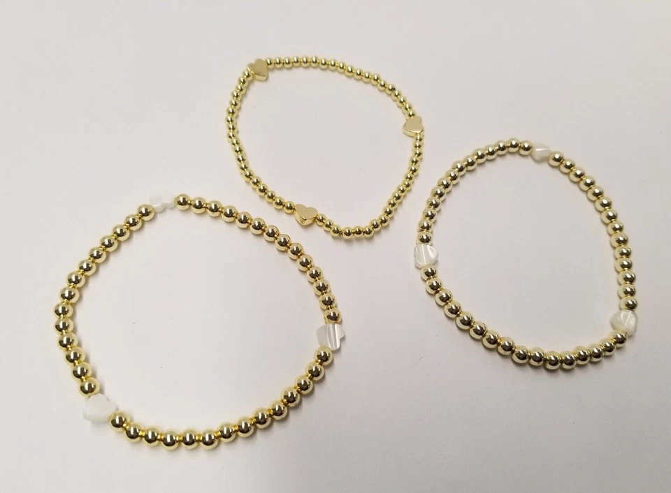 Pack De 3 Pulseras "Día Diva" Pequeñas Perlas Corazones Tono Dorado Cuentas Foto 4 de 4