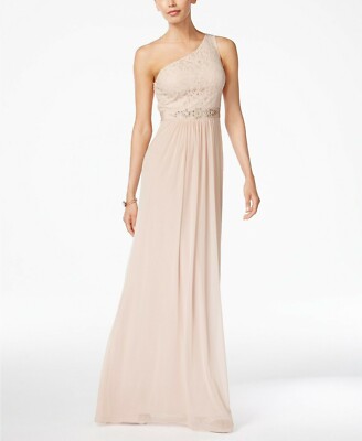 Adrianna Papell Embellished Lace One-Shoulder Gown - Pink 8