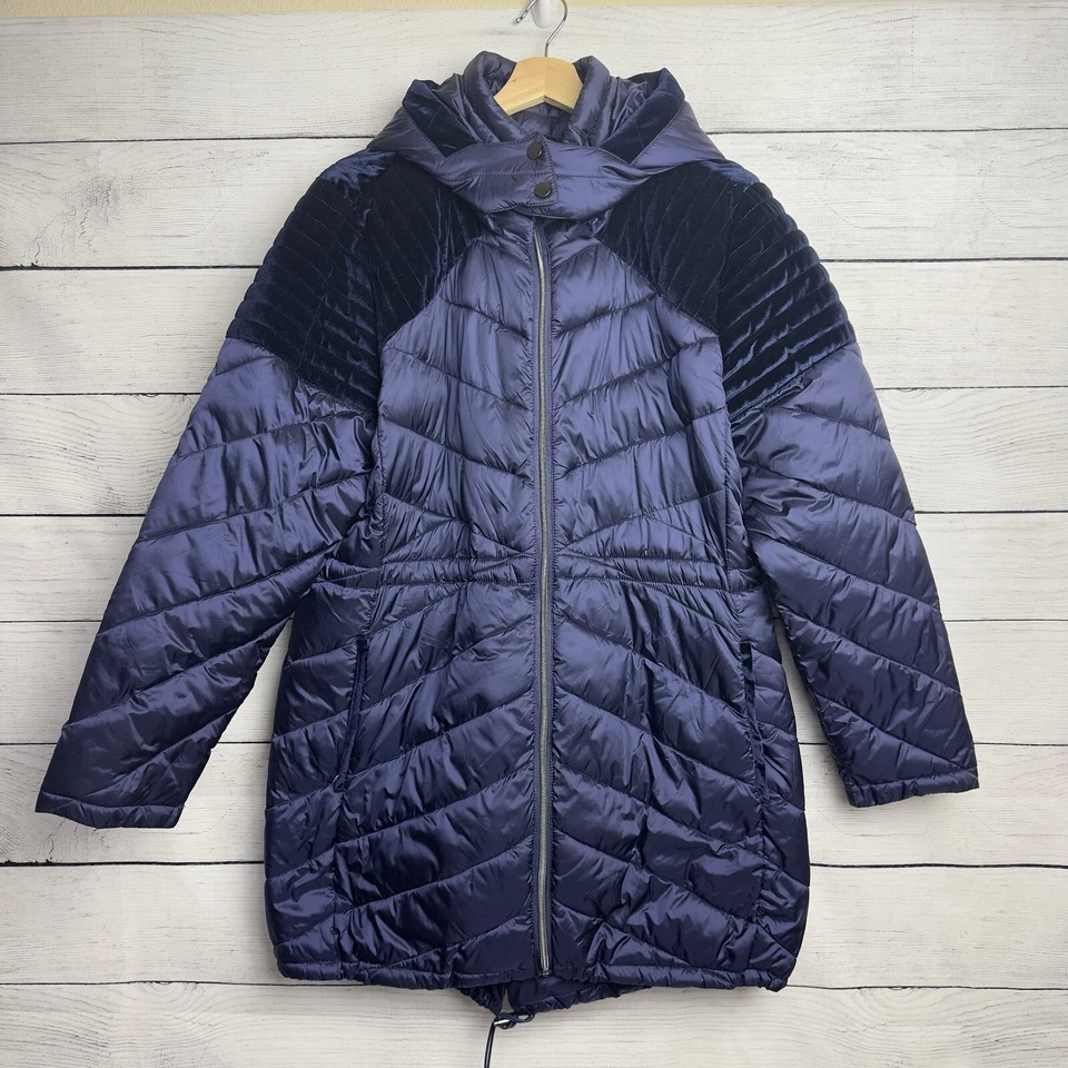 Abrigo Badgley Mischka Mallory Puffer Embalable Azul Terciopelo Acolchado Nylon Talla XL Foto 2 de 4