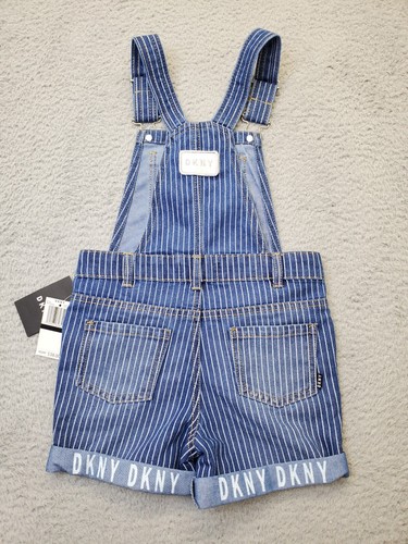 DKNY Overalls Girls Size 6 Blue Striped Denim Pockets Wide Strap Square Neck - Picture 2 of 11