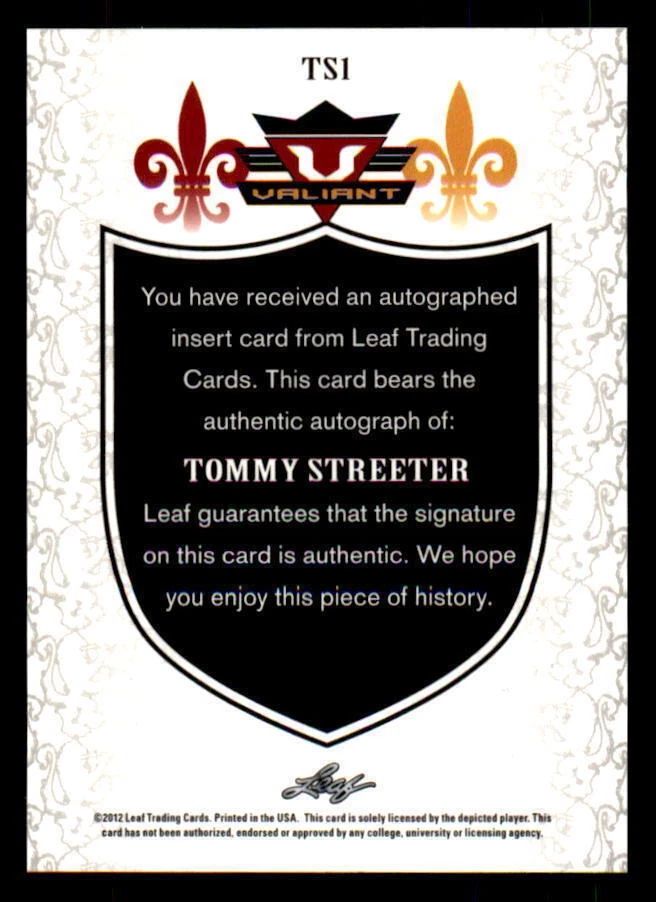 2012 Leaf Valiant Draft #TS1 Tommy Streeter Hurricanes Rookie Auto (ref 29660) - Image 2 of 2