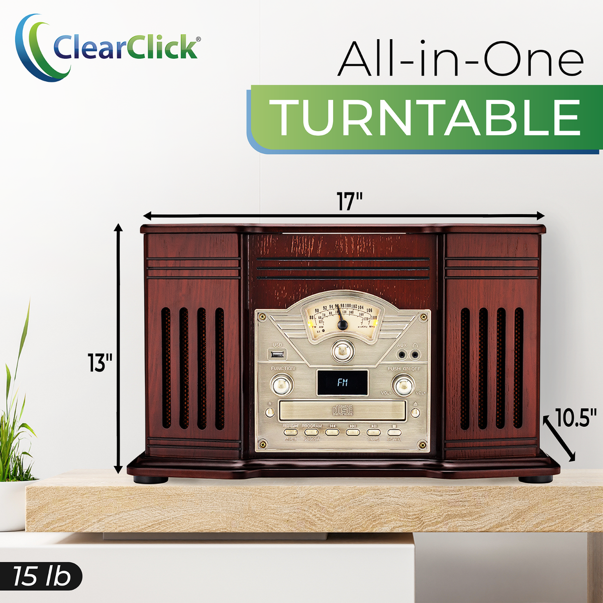 ClearClick All-in-One Turntable w/ Record Player CD Cassette Radio