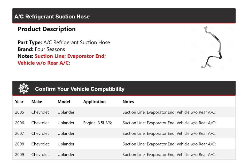 Manguera de succión de refrigerante aire acondicionado Chevrolet Uplander 2005-2009 4 estaciones 2006 Foto 2 de 4