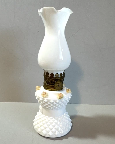 VTG Miniature 1950s Oil Hurricane Lamp Hob Nail Bow Milk Glass Rose Appliqué