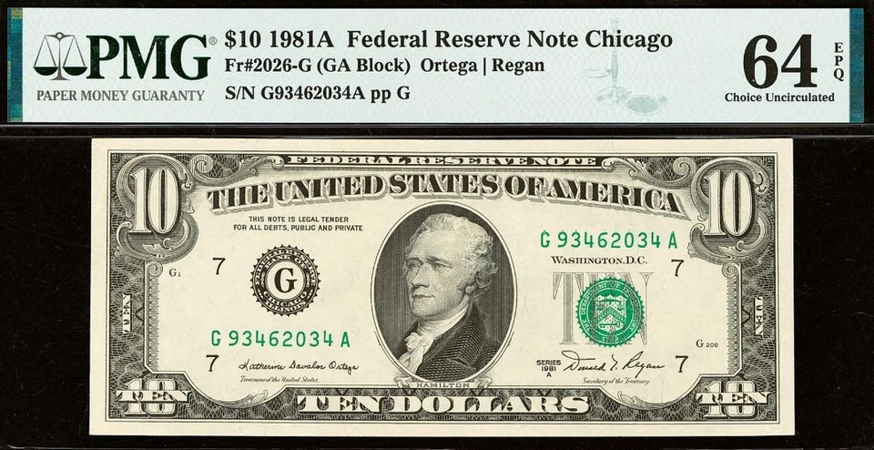 1981A $10 Federal Reserve Note PMG 64EPQ - Chicago District - Fr 2026-G - Image 2 of 3