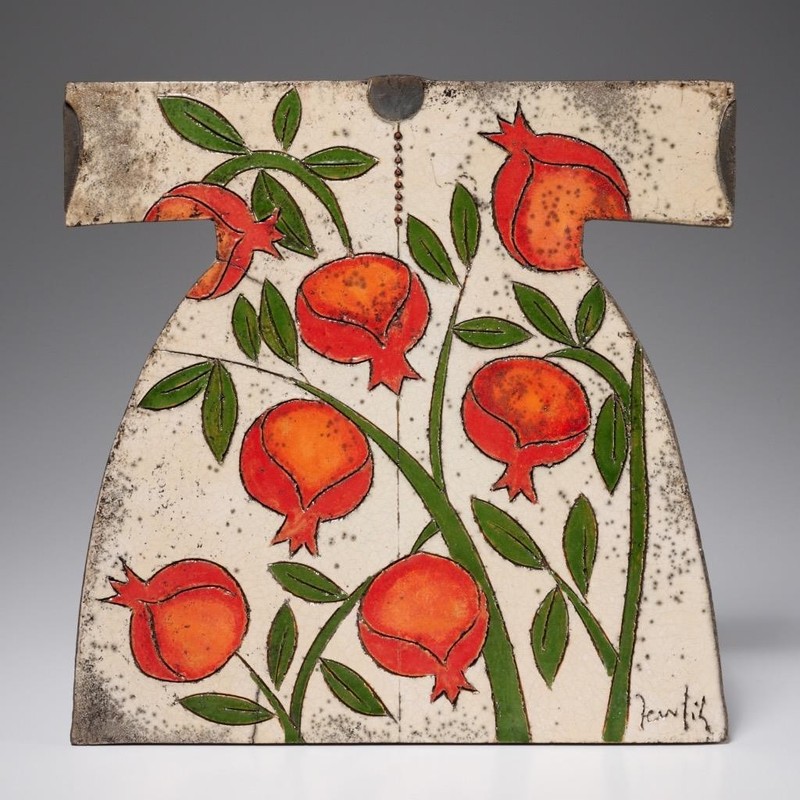 Tevfik Turen Karagozoglu Turkish Art Pottery Raku Pomegranate Kaftan Panel 13.5"