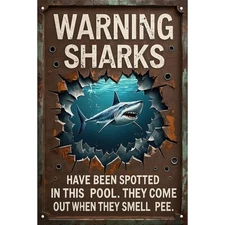 Vintage Sharks Spotted in Pool Tin Metal Signs Home Décor 8x12 Funny Novelty Wa
