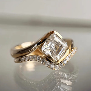 Authentic 2.10Ctw Asscher Cut Real Moissanite Bridal Wedding Rings 14K Yellow Gold Plated