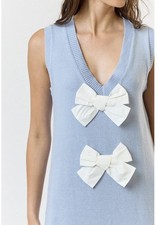 Womens Sweater Mini Dress with Front Bow Detail Sleeveless Knit Pullover Ribbed 