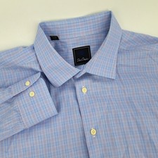 David Donahue Dress Shirt Mens 17.5 32/33 Cotton Blue Purple Plaid Spread Collar