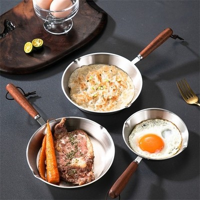 Stainless Steel Frying Pan Non-stick Breakfast Pot Fry Egg Pan Wooden Handle