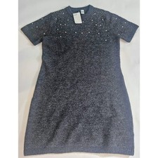 CLEARANCE - New Divided Small Beaded Fine-Knit Dress in Dark Gray Mini
