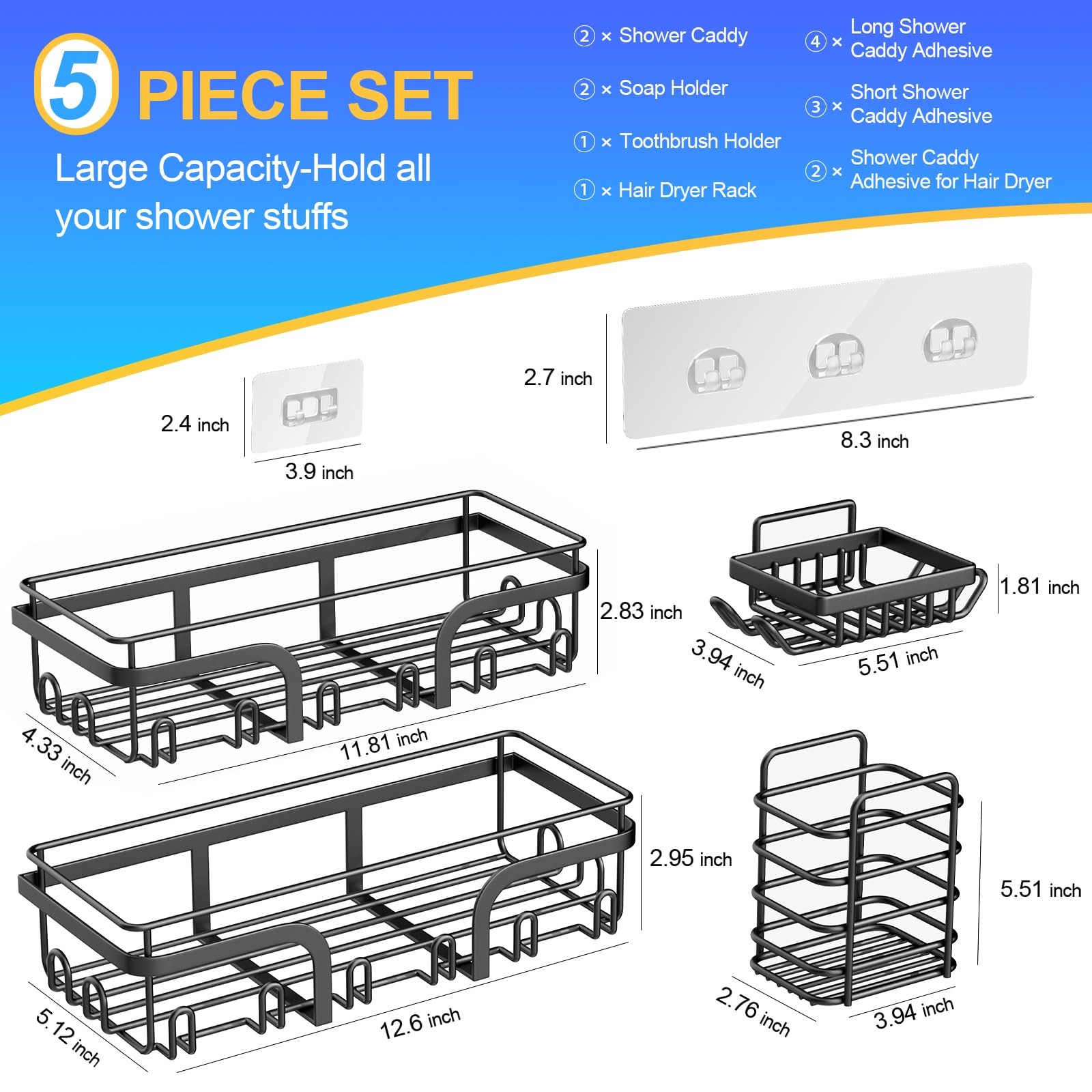 5 Pack Adhesive Shower Caddy, No Drilling Shower Shelves, Rustproof Stainless...