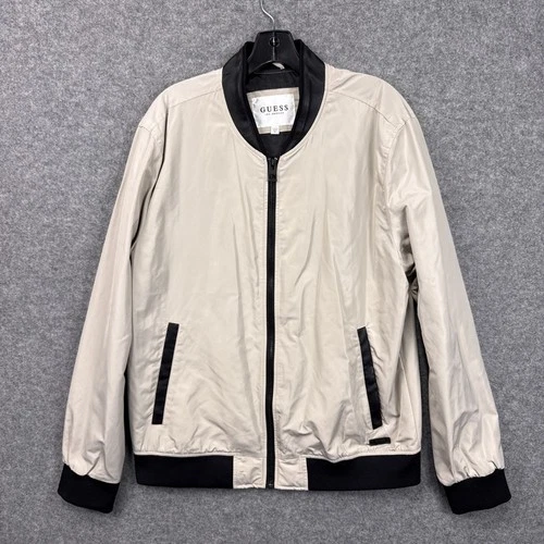 Guess Bomber Jacket XL Beige Black Polyester Faux Leather Trim Full Zip Street image 11