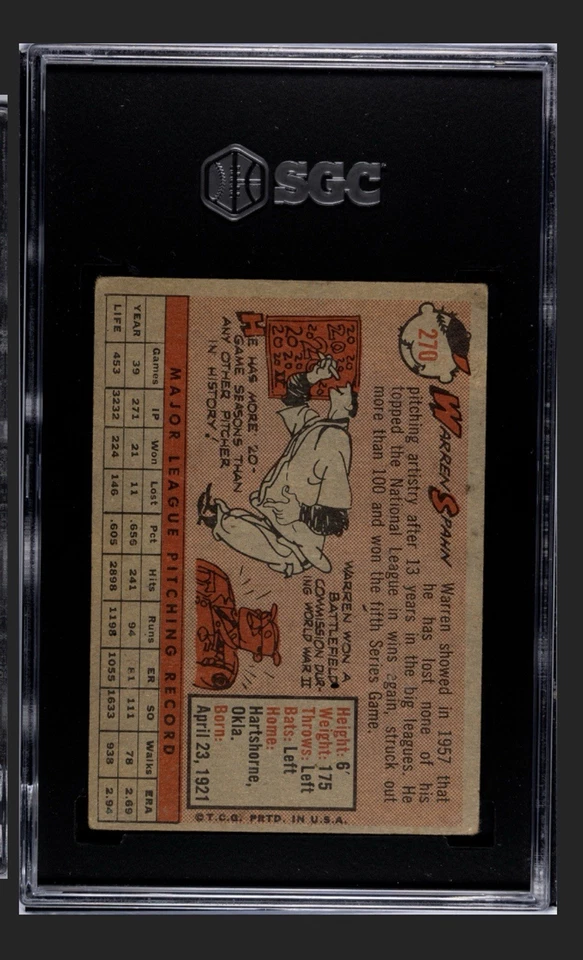 🔥🟦Warren Spahn🟥🔥1958 Topps - #270 SGC 1.5 HOF VINTAGE BRAVES Foto 2 de 2
