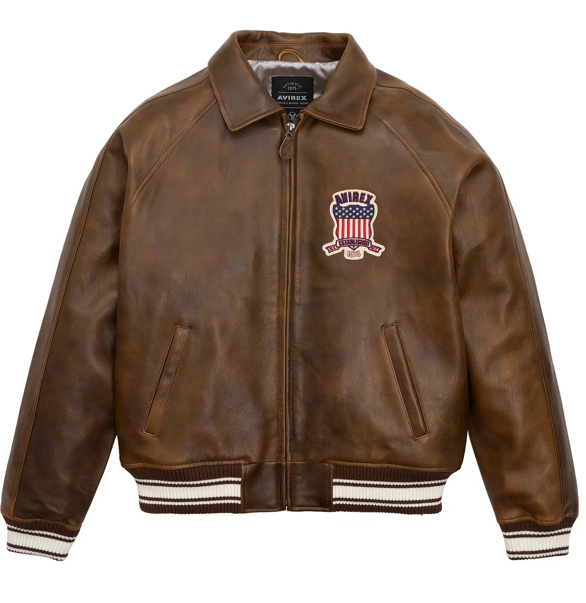 Men Avirex Brown Real Bomber American Flight Jacket Leather Jacket - product detail image 2