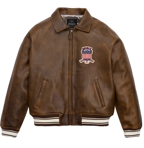 Men Avirex Brown Real Bomber American Flight Jacket Leather Jacket image 2