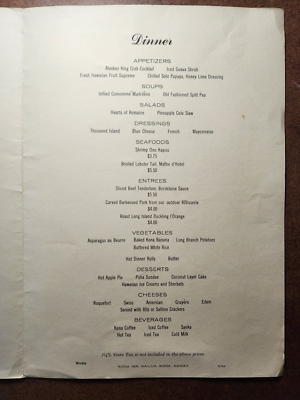 John Kelly 表紙のKONA IINNのメニュー Vtg 1964 HAWAIIAN MENU - KONA INN KAILUA, HAWAII - John Kelly