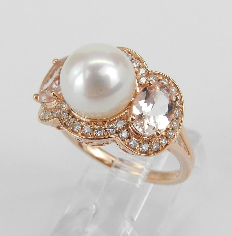 Anillo de compromiso enchapado en oro rosa de 14 quilates tamaño morganita natural y perlas de 3,55 quilates Foto 2 de 4