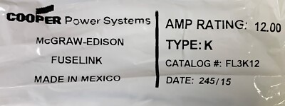 COOPER FL3K12 Type K 12 AMP Fuse Link McGraw Edison 