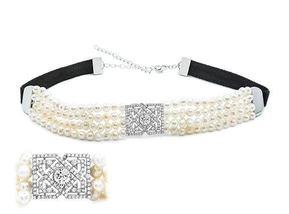 Colar Gargantilha Designer de Pérolas de Safira Branca Vintage Prata Esterlina Platina