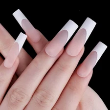New! Long *MATTE FRENCH MANICURE* Full Cover 24 Nail Tips Press On Glue Set!
