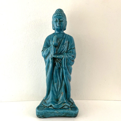 Vintage Thai Asian Goddess Art Pottery Statue 23'' Blue Glaze