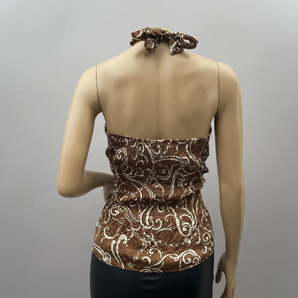 INC De Colección Años 90 Top Mujer 6 Marrón Estampado Paisley 100% Seda Halter Acanalado Botón Y2K Foto 4 de 4