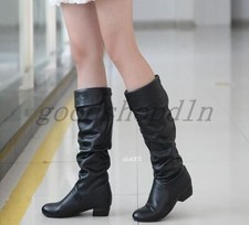 Womens Faux Leather Round Toe Block Heels Cuffed Slouch Pull ON Knee High Boots