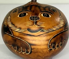 Andean / Peruvian Dried Mate Gourd - Cat Themed Jewelry Box / Jar.  Hand carved.